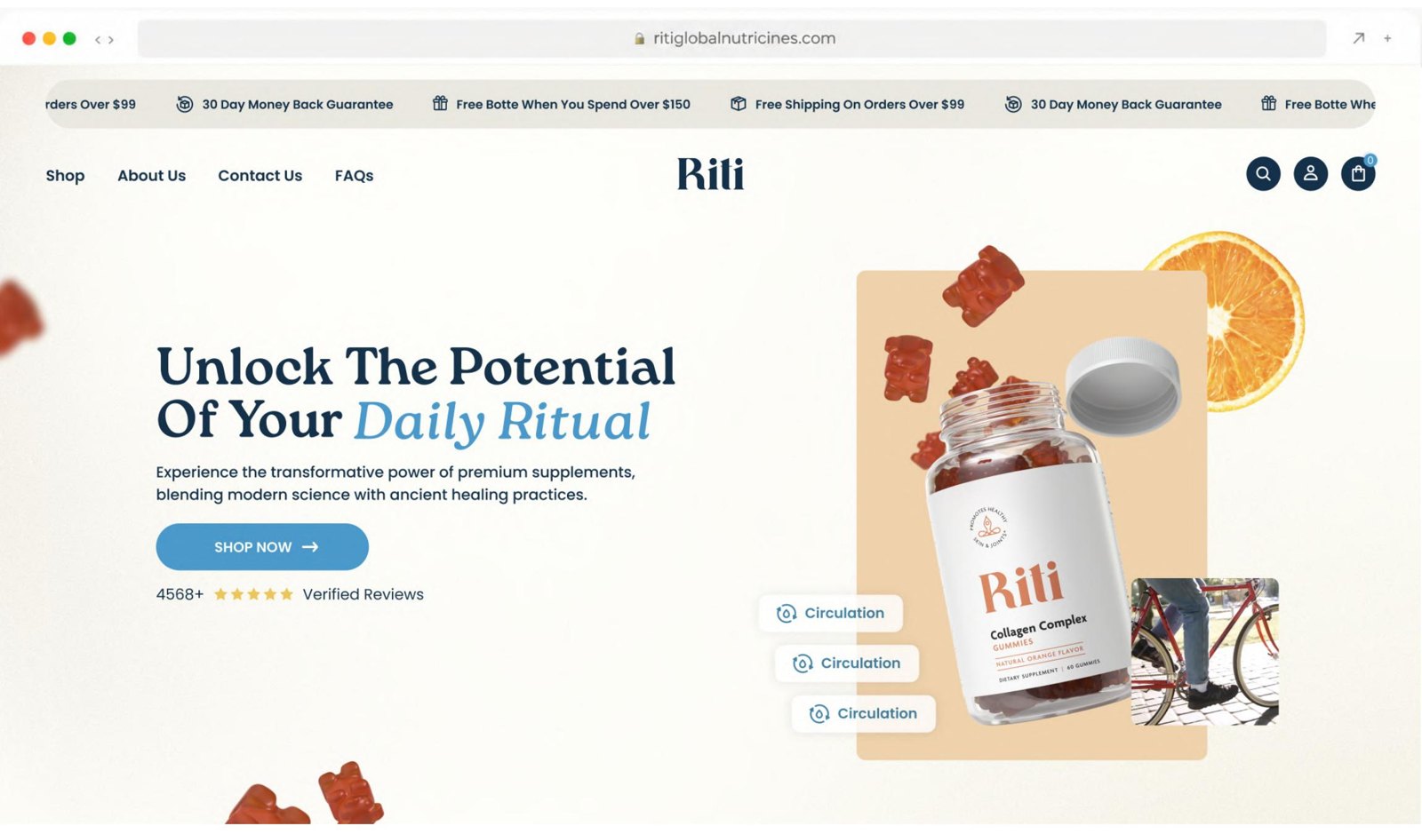Riti supplements landing page hero from the UX/UI redesign case study